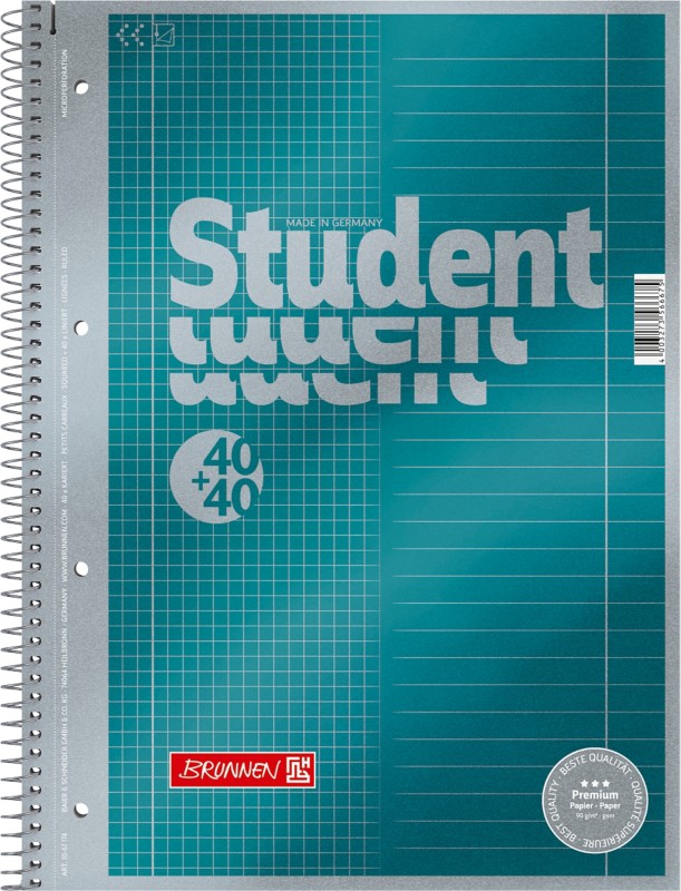 BRUNNEN Student Premium Collegeblock DIN A4 Liniert Spiralbindung Pappkarton Türkis Perforiert 160 Seiten 80 Blatt