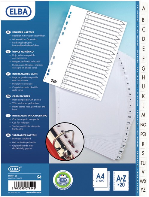Elba A - Z Alphabetical Dividers A4 White 20 Part Cardboard, Plastic 100204596