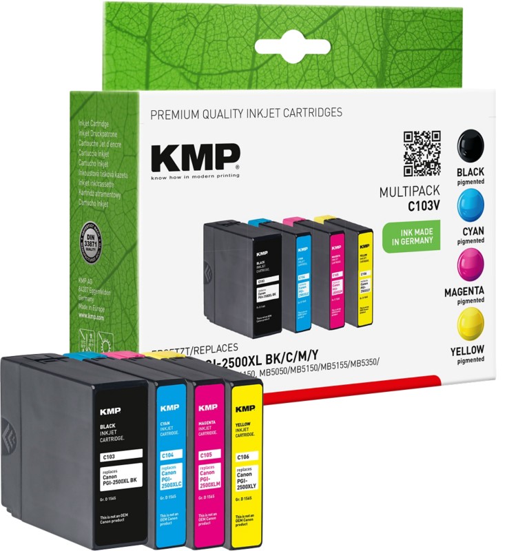 KMP Kompatibel Canon PGI-2500XL BK/C/M/Y Tintenpatrone Schwarz, Cyan, Magenta, Gelb Multipack 4 Stück