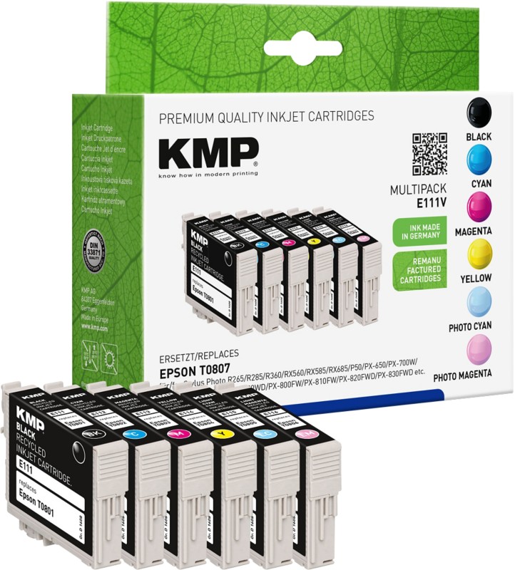 KMP Kompatibel Epson E111V Tintenpatrone C63T08074010 Schwarz, Cyan, Photo Cyan, Magenta, Photo Magenta, Gelb Multipack ...