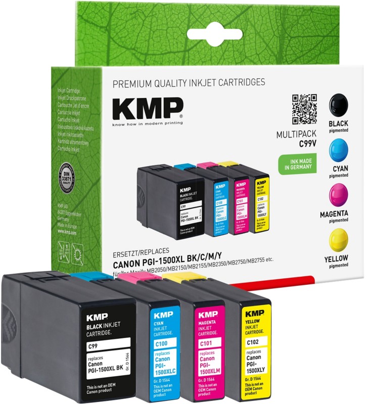 KMP Kompatibel Canon PGI-1500XL BK/C/M/Y Tintenpatrone Schwarz, Cyan, Magenta, Gelb