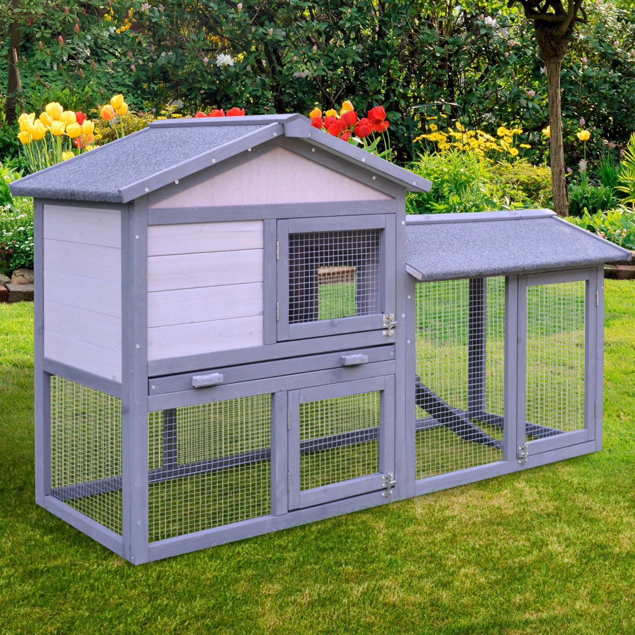 Pawhut Wood Rabbit Hutch D51-101 620 X 1470 X 535 Mm Grey