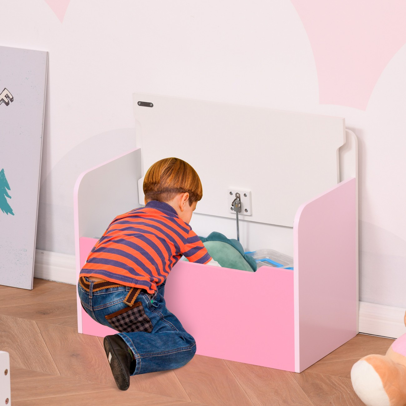 Rackhams Pink Kids Wooden Toy Box Children Storage Chest Bench Organiser Safety Hinge Bedroom Playroom Furniture - Image 6
