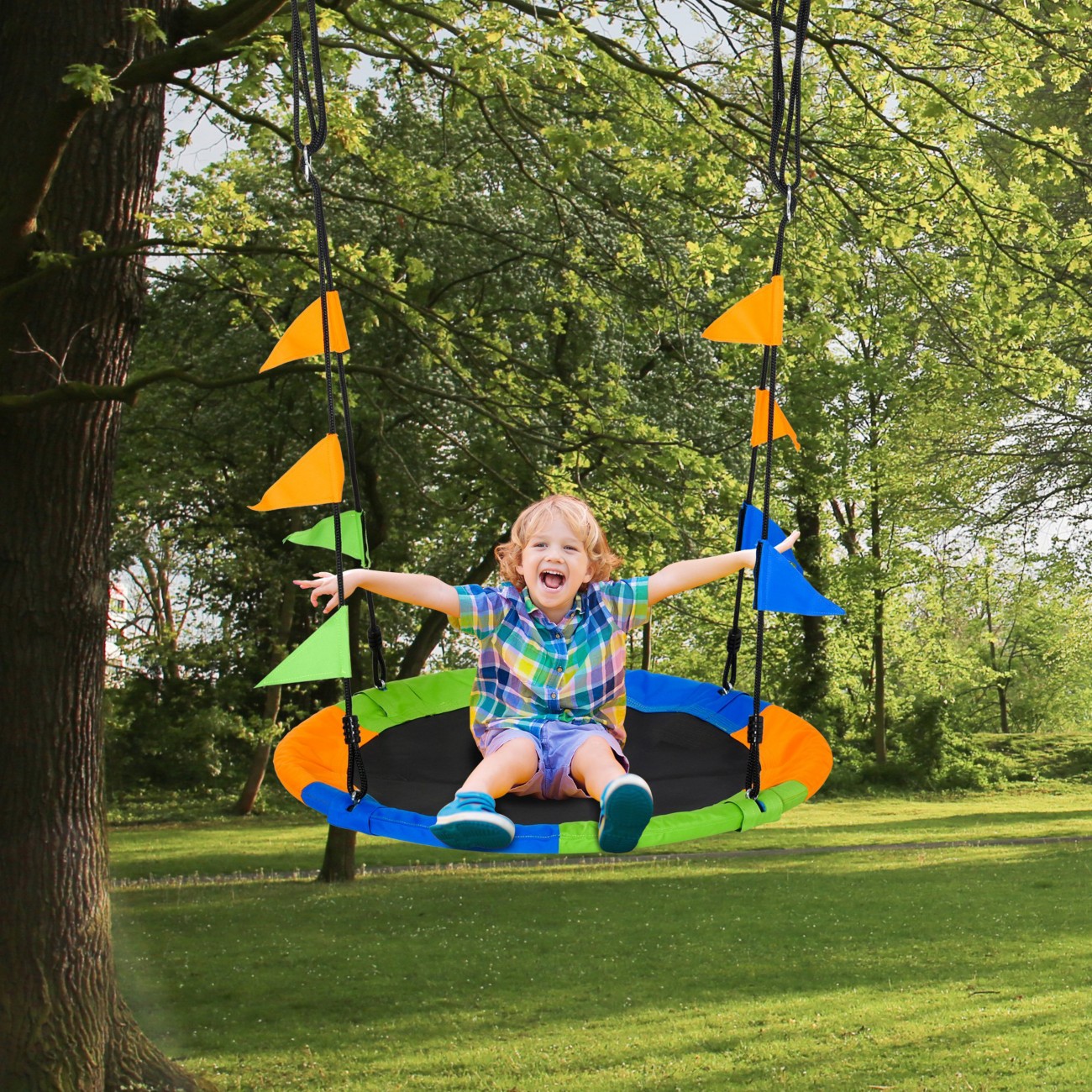 B&Q -  Saucer Tree Swing Metal Tube Adjustable Rope Garden Blue Green Orange - Image 5