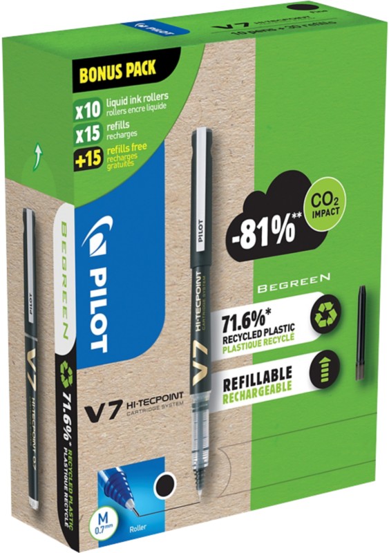 Pilot Tintenroller Pen V7 Schwarz Packung mit 10 Stiften und 30 Minen