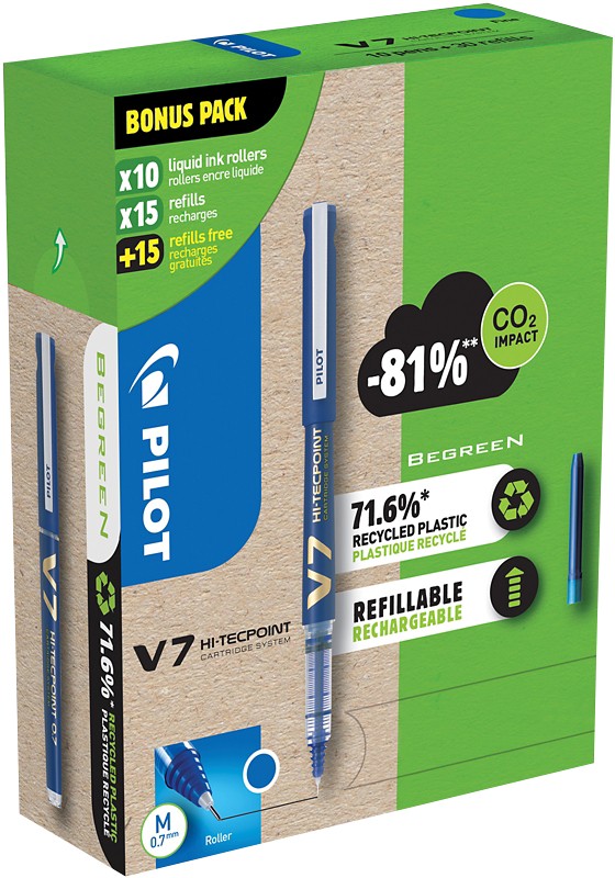 Pilot Tintenroller Pen V7 Blau Packung mit 10 Stiften und 30 Minen