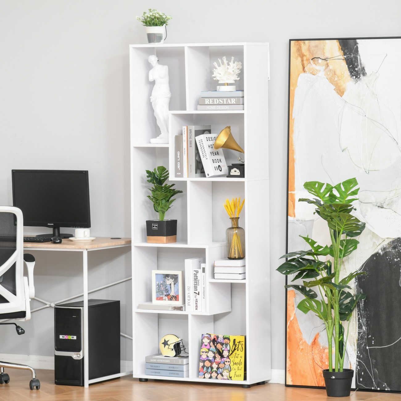 Homcom White Freestanding 8-Tier Bookcase: With Melamine Surface, Anti-Tipping Foot Pads, Modern Home Display Storage Grid Stand, | Aosom Uk - Image 2