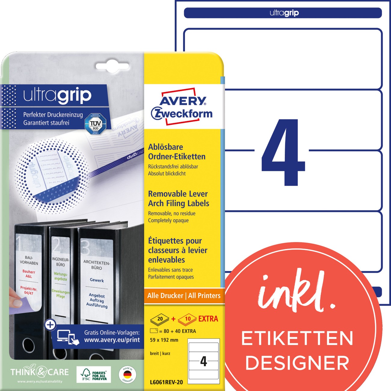 Thumbnail - AVERY Zweckform L6061REV-20 Ablösbare Ordneretiketten DIN A4 Weiß 59 x 192 mm 30 Blatt à 4 Etiketten