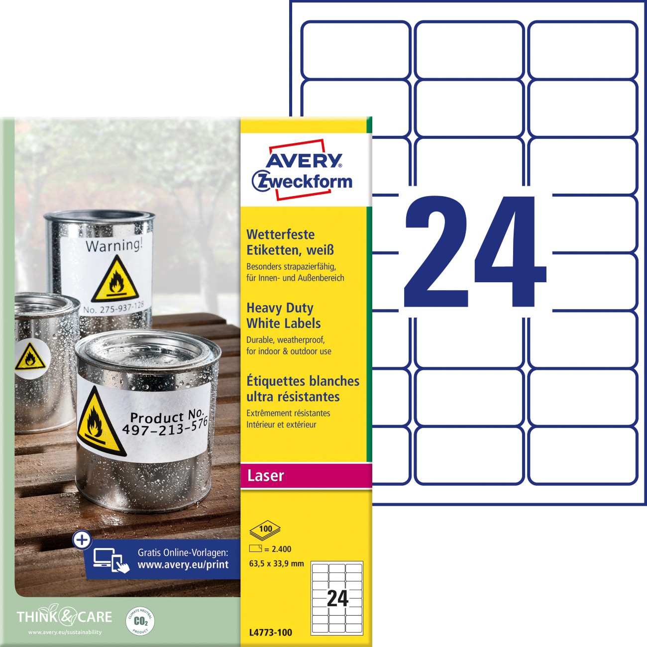 AVERY Zweckform L4773-100 Wetterfeste Etiketten DIN A4 Weiß 100 Blatt à 24 Etiketten
