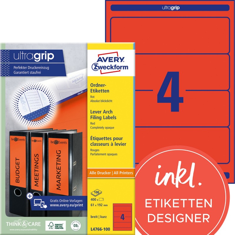 AVERY Zweckform L4766-100 Ordneretiketten DIN A4 Rot 100 Blatt à 4 Etiketten