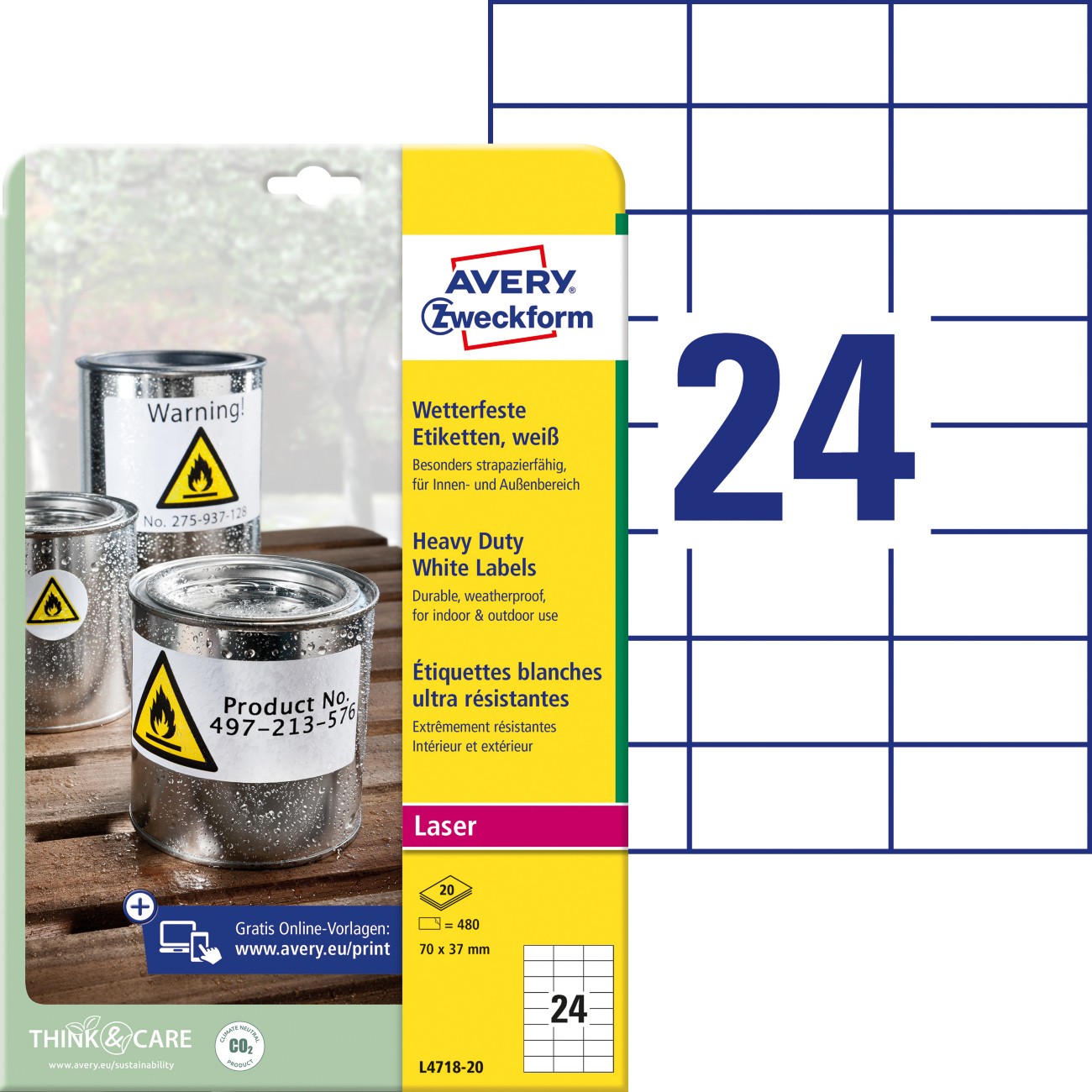 AVERY Zweckform L4718-20 Wetterfeste Etiketten DIN A4 Weiß 20 Blatt à 24 Etiketten