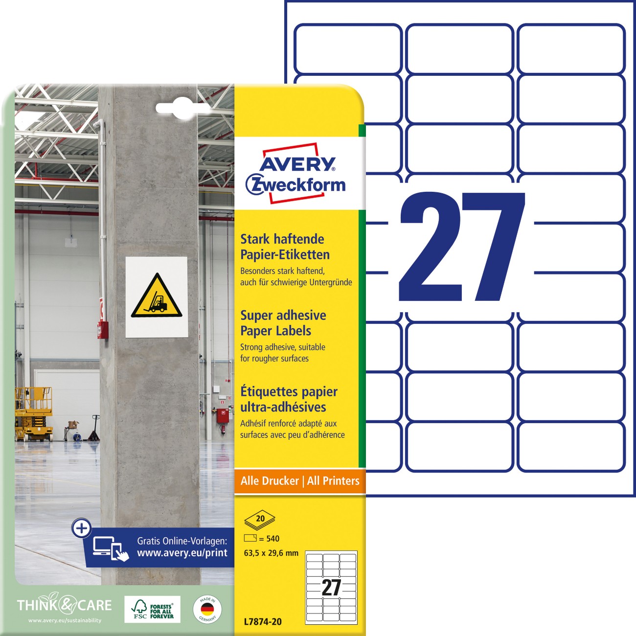 AVERY Zweckform L7874-20 Etiketten DIN A4 Weiß 20 Blatt à 27 Etiketten