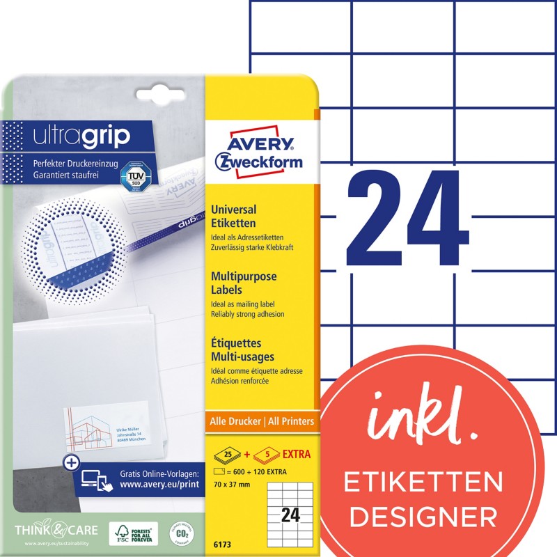Thumbnail - AVERY Zweckform ultragrip Universaletiketten 6173 Selbsthaftend DIN A4 Weiß 7 x 3,7 cm 30 Blatt à 24 Etiketten