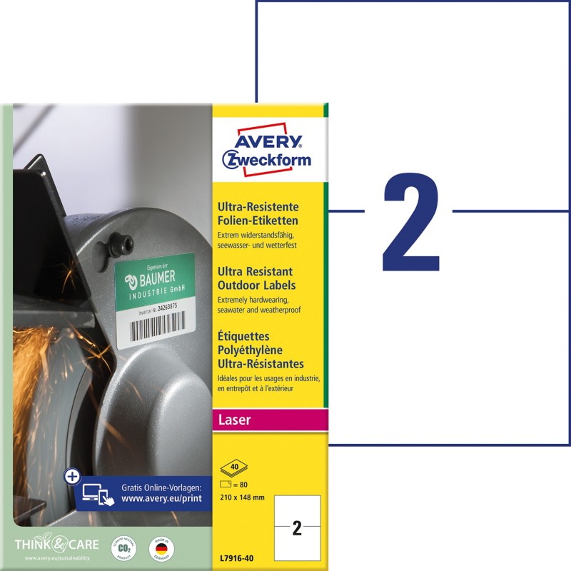 AVERY Zweckform Ultra-Resistent Etiketten L7916-40 Selbsthaftend DIN A4 Weiß 210 x 148 mm 40 Blatt à 2 Etiketten