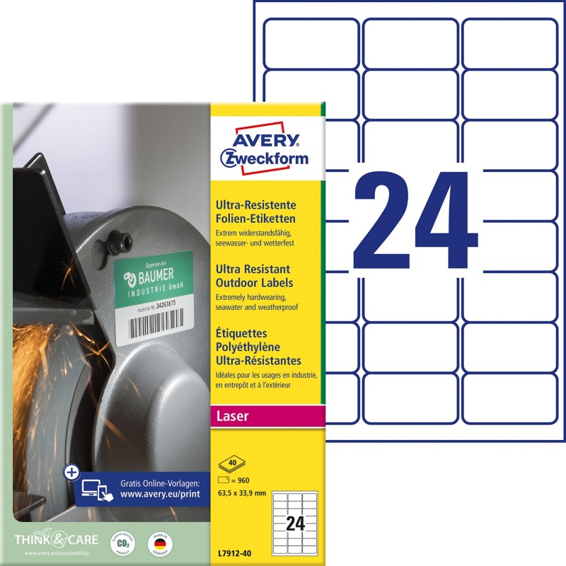 AVERY Zweckform Ultra-Resistent Etiketten L7912-40 Selbsthaftend DIN A4 Weiß 63,5 x 33,9 mm 40 Blatt à 24 Etiketten