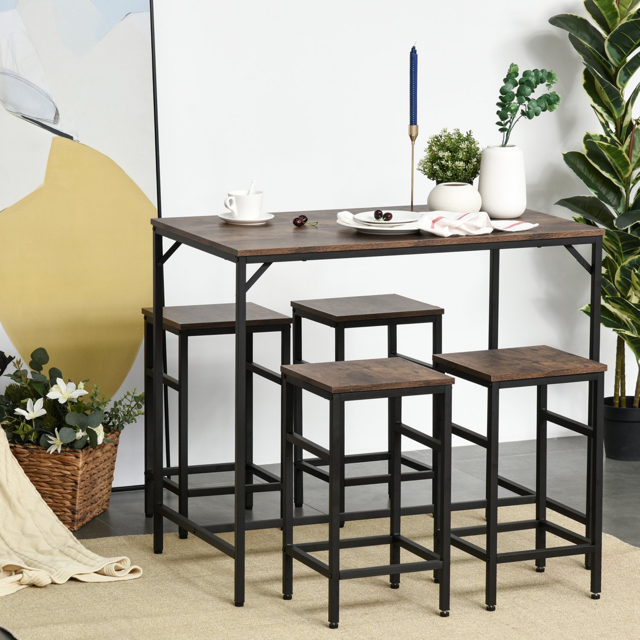 Homcom Industrial Rectangular Dining Set With 4 Stools - Black, Rustic Brown - Image 10
