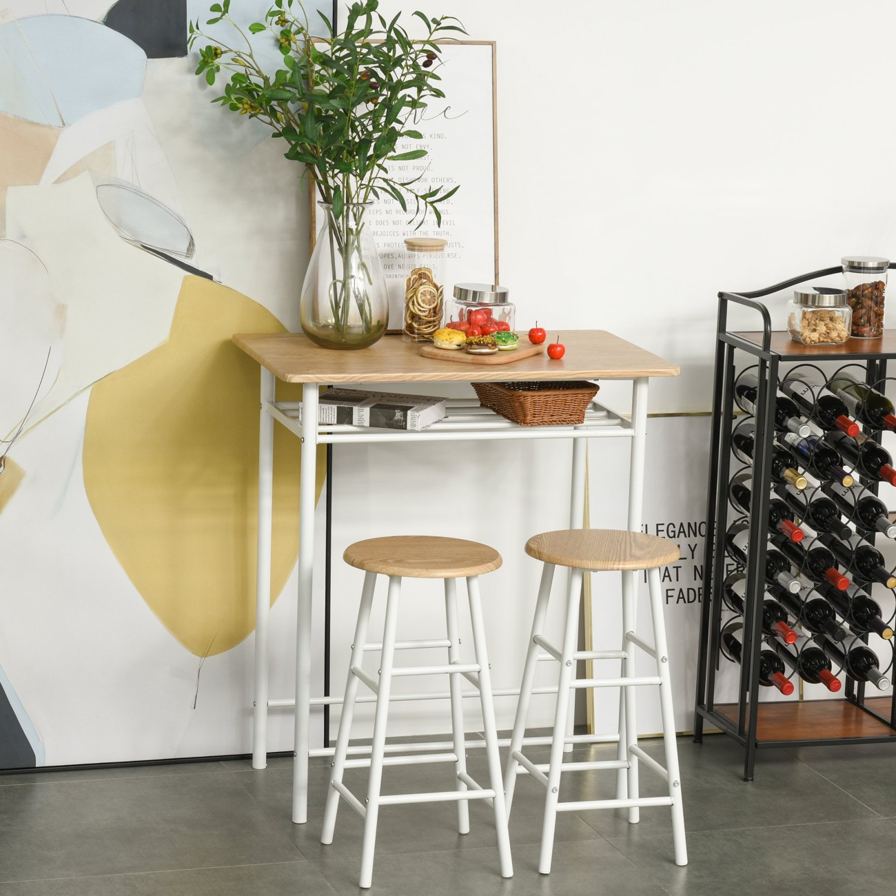 Homcom White, Oak Bar Table And Stools W/ Metal Frame Footrest, Storage Shelf, Bar Table Set For Kitchen, Dining Room, Cafe, White & Oak | Aosom Uk - Image 2