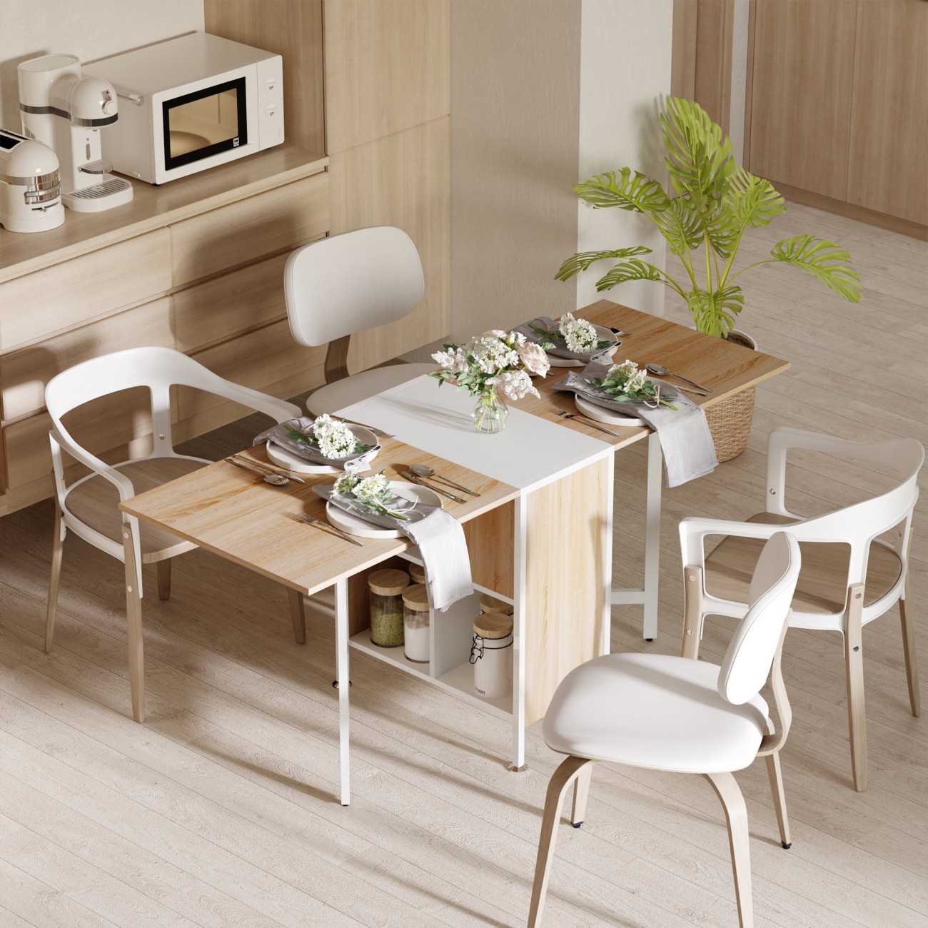 Homcom Foldable Dining Table With Storage Shelves Oak And White 1,690 X 620 X 750 Mm