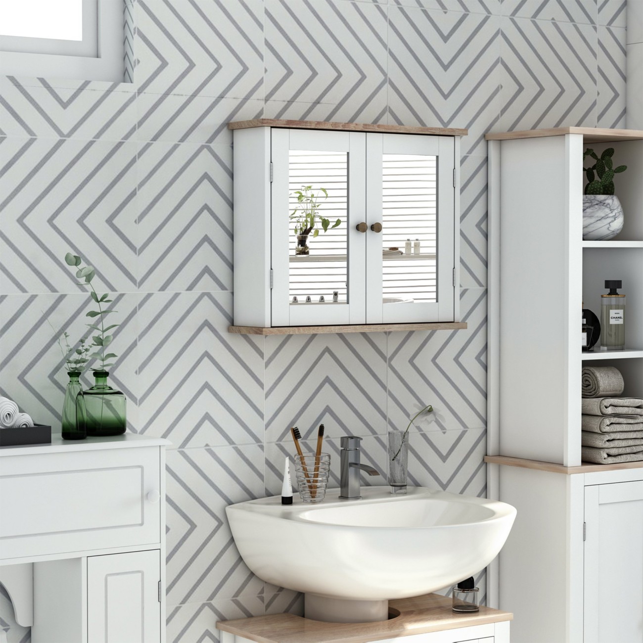 Kleankin Bathroom Mirror Cabinet With Double Door And Shelf