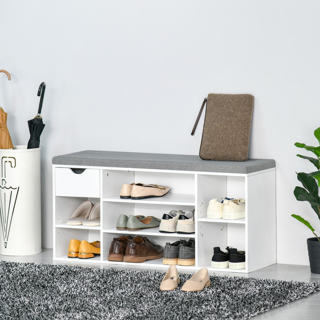 Homcom White Shoe Storage Bench With Cushion, 7 Compartments, Adjustable Shelves, Drawer, And Grey | Aosom Uk - Image 2