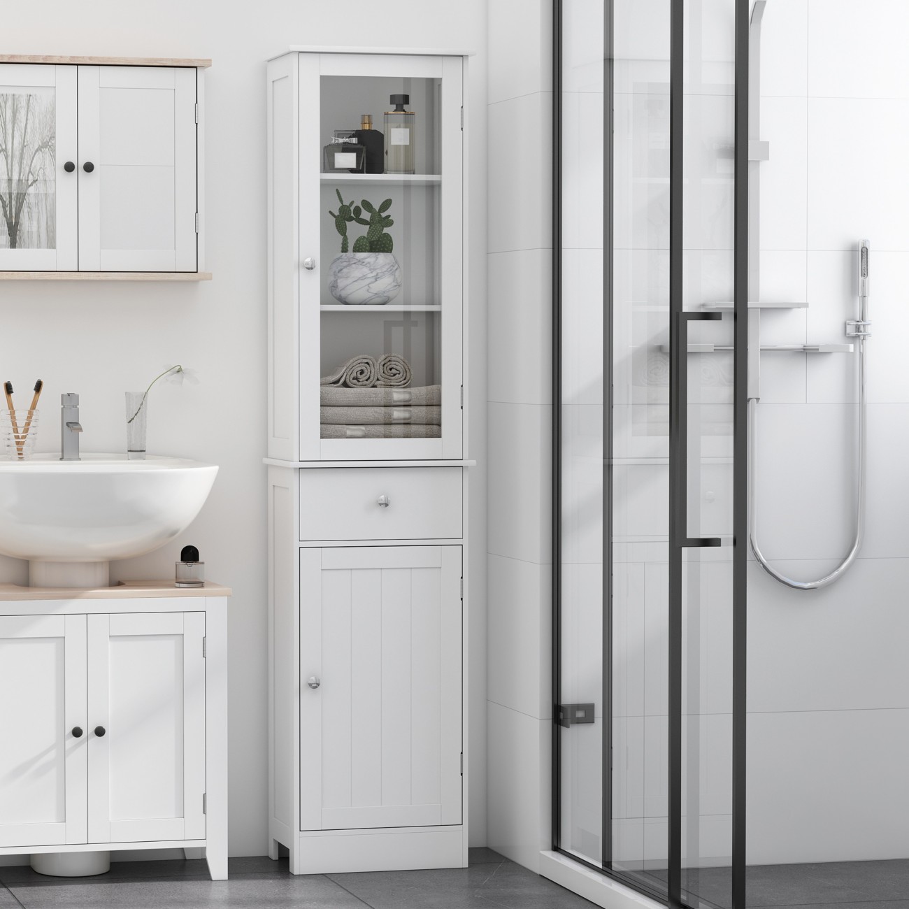 Kleankin Organizer Restroom Tower Pantry With Multi-Tier Shelving, White