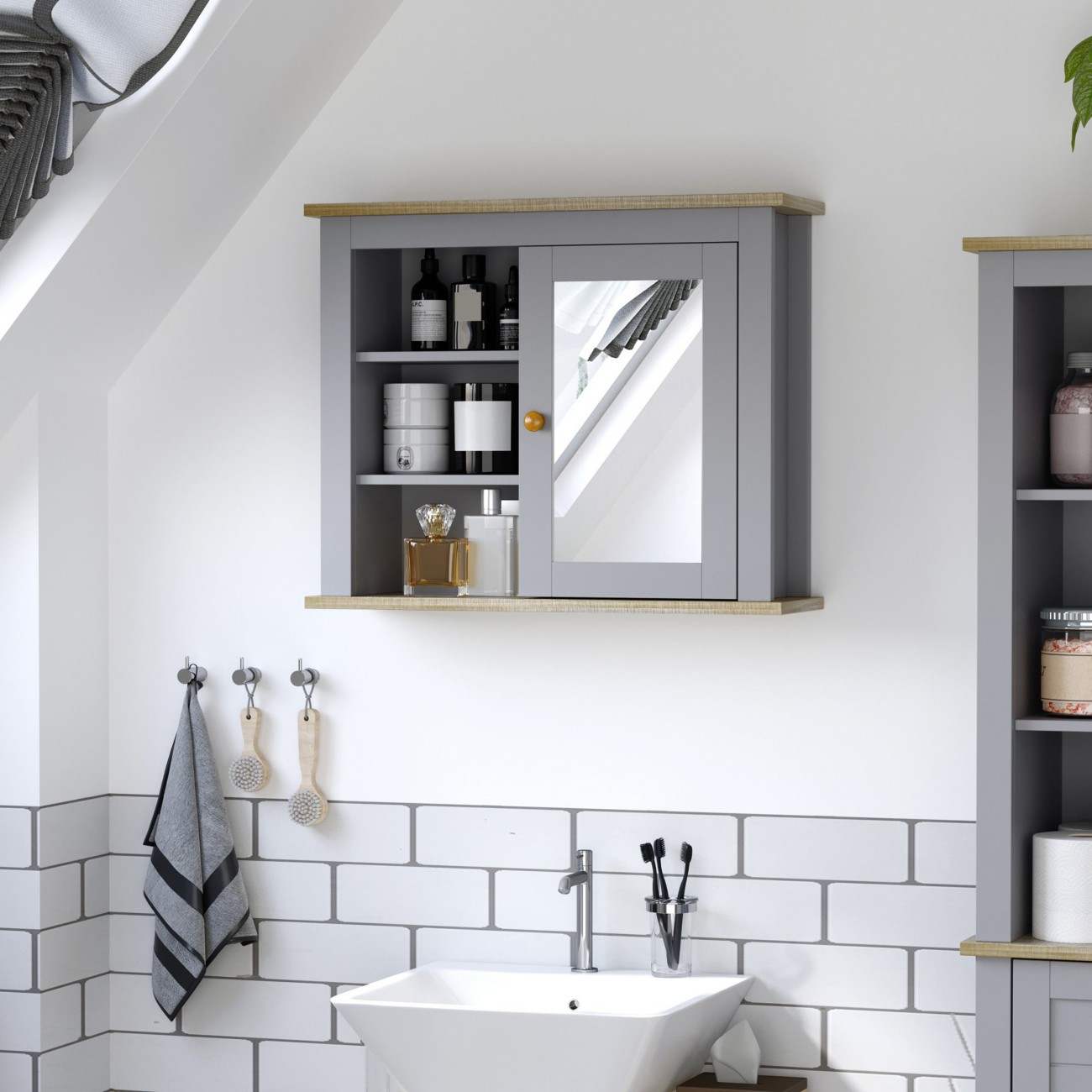 Kleankin Grey Bathroom Mirror Cabinet Organizer With Adjustable Shelves