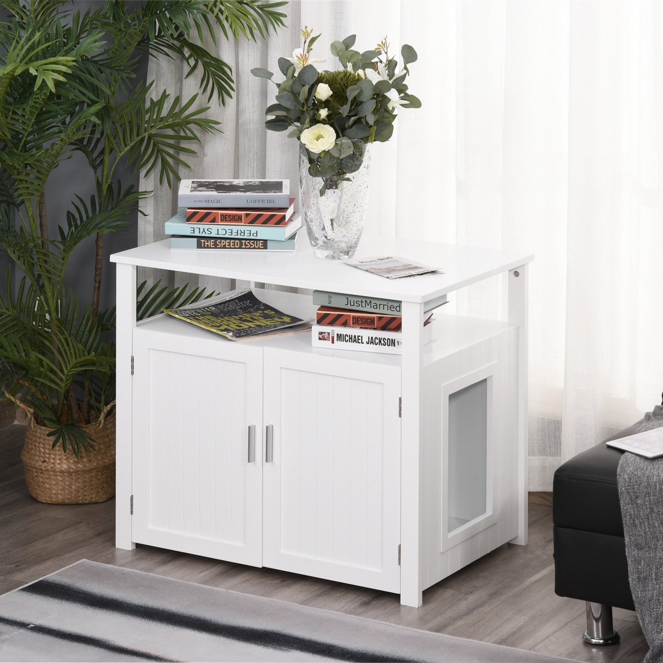 Pawhut Wooden Cat Litter Box And Large Tabletop For Nightstand, White
