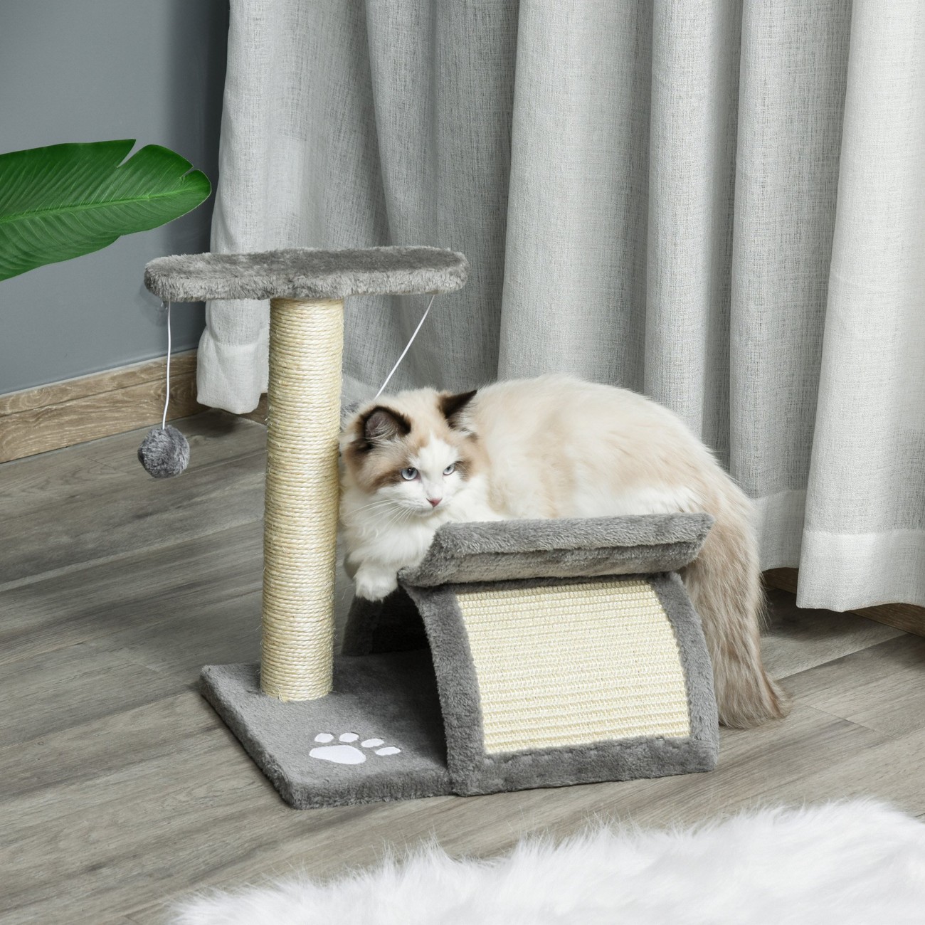 Pawhut Grey Kitten Activity Tree With Sisal Scratching Posts, Compact Cat Play Tower With Rotating Bar, Tunnel, | Aosom Uk - Image 2