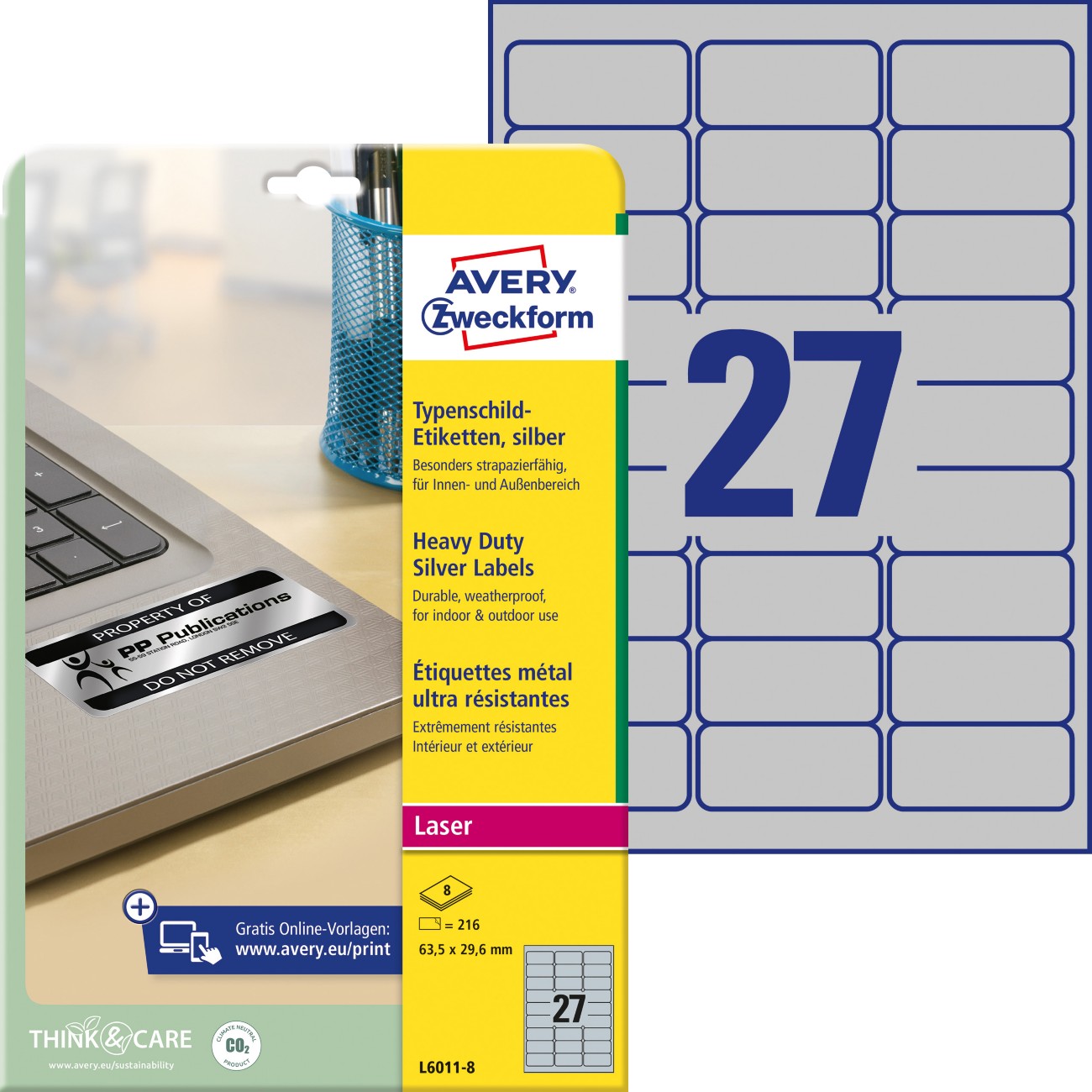 AVERY Zweckform L6011-8 Etiketten DIN A4 Silber 8 Blatt à 27 Etiketten
