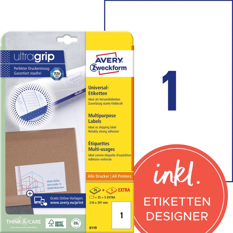 Thumbnail - AVERY Zweckform ultragrip Universaletiketten 6119 Selbsthaftend DIN A4 Weiß 21 x 29,7 cm 30 Blatt à 1 Etiketten