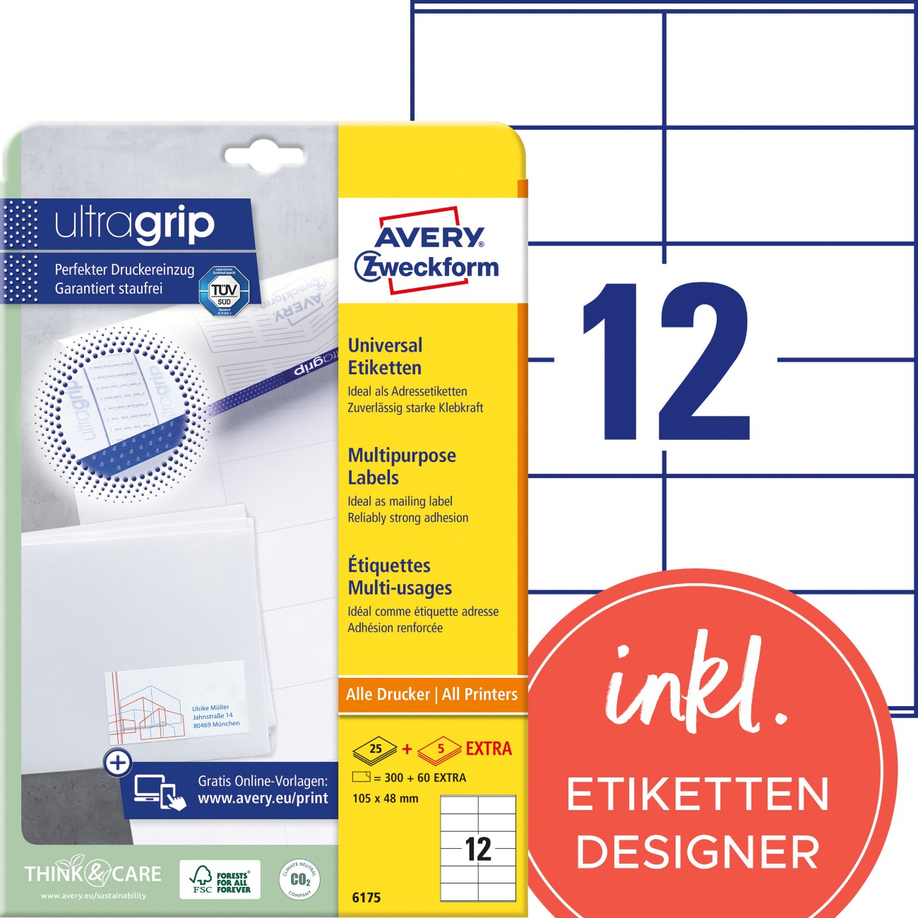 AVERY Zweckform ultragrip Universaletiketten 6175 Selbsthaftend DIN A4 Weiß 10,5 x 4,8 cm 30 Blatt à 12 Etiketten