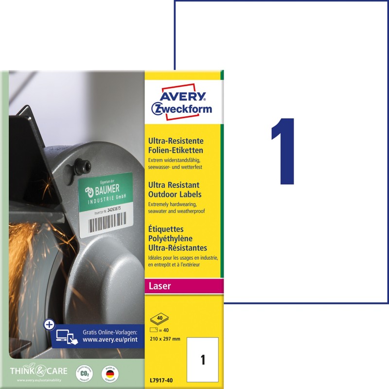 Thumbnail - AVERY Zweckform Ultra-Resistent Etiketten L7917-40 Selbsthaftend DIN A4 Weiß 210 x 297 mm 40 Blatt à 1 Etikett