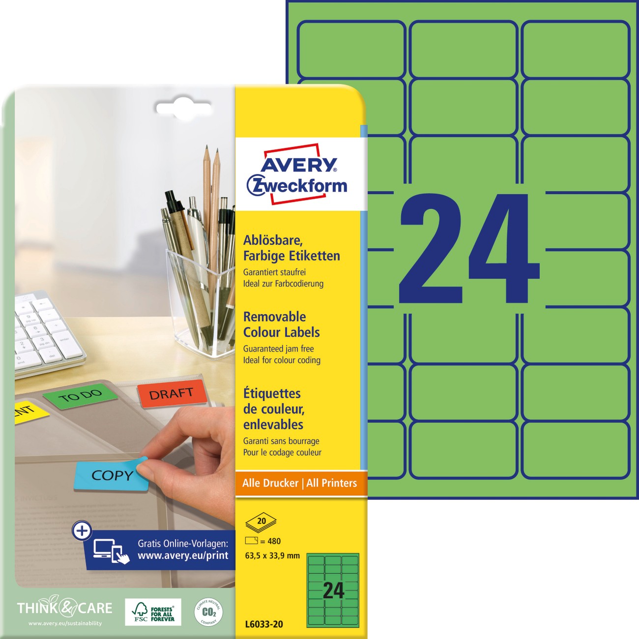 AVERY Zweckform Etiketten L6033-20 Grün 20 Blatt à 24 Etiketten