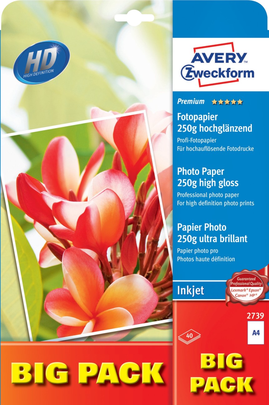 AVERY Zweckform Inkjet Fotopapier Hochglänzend DIN A4 250 g/m² Weiß 40 Blatt