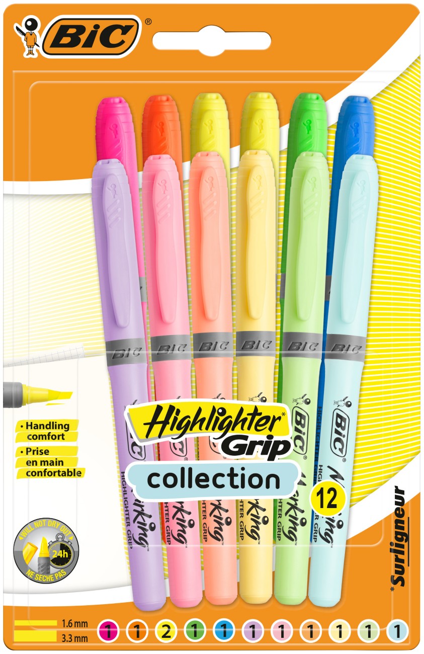 Bic Grip Highlighter Assorted Bright & Pastel Medium Chisel Pack Of 12