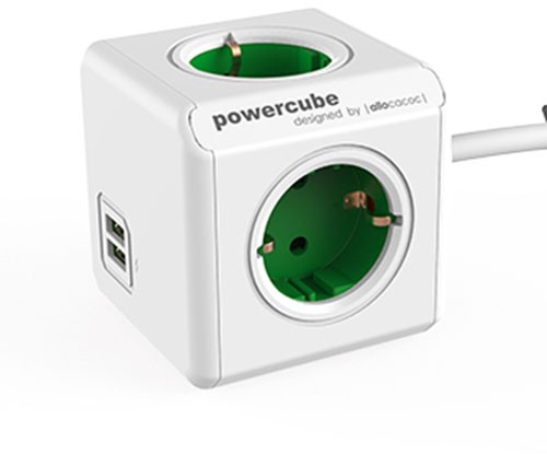 Allocacoc 1402GN / DEEUPC PowerCube Steckdosenwürfel mit 2 USB-Anschlüssen 4 Buchsen Typ F 1,5 m Weiß, Grün