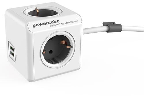 Allocacoc 1407 / DEEUPC PowerCube Steckdosenwürfel mit 2 USB-Anschlüssen 4 Buchsen Typ F 3 m Weiß, Grau