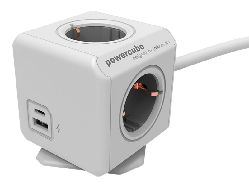 Allocacoc 10435 / DEEUAC Steckdosenwürfel mit USB-A und USB-C Anschlüssen 4 Steckdosen Typ F 1,5m Weiß, Grau