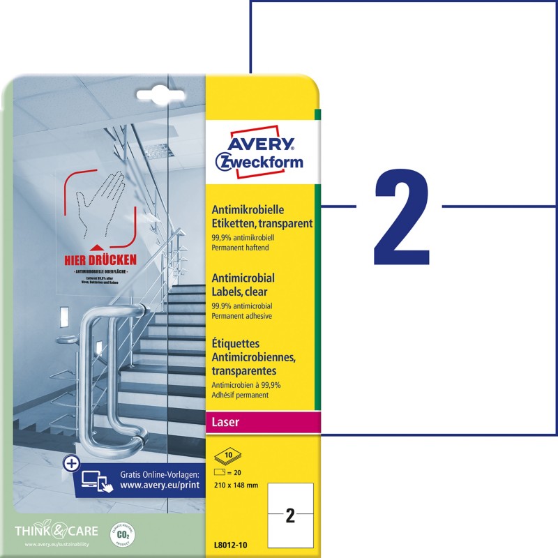 Thumbnail - Avery Zweckform Antimikrobiell Laser Etiketten L8012-10 Selbsthaftend DIN A4 Transparent 210 x 148 mm 10 Blatt à 2 Etike...