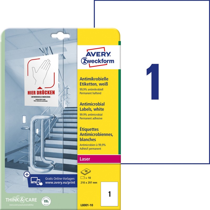 Avery Zweckform Antimikrobiell Laser Etiketten L8001-10 Selbsthaftend DIN A4 Weiß 210 x 297 mm 10 Blatt à 1 Etikett