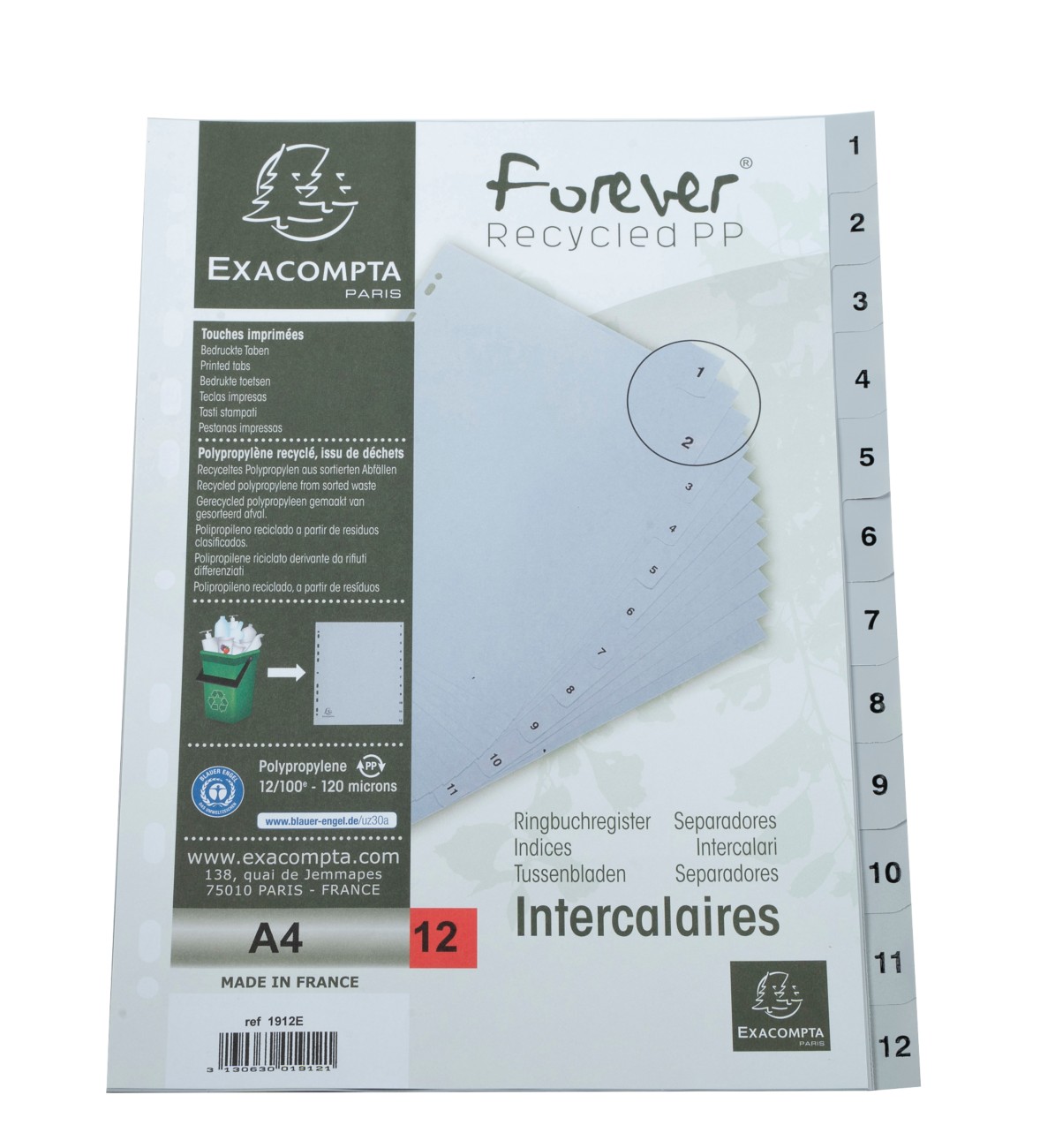 Exacompta 1 To 12 Numerical Dividers A4 Grey 12 Part Pp (Polypropylene) 11 Holes 1912E