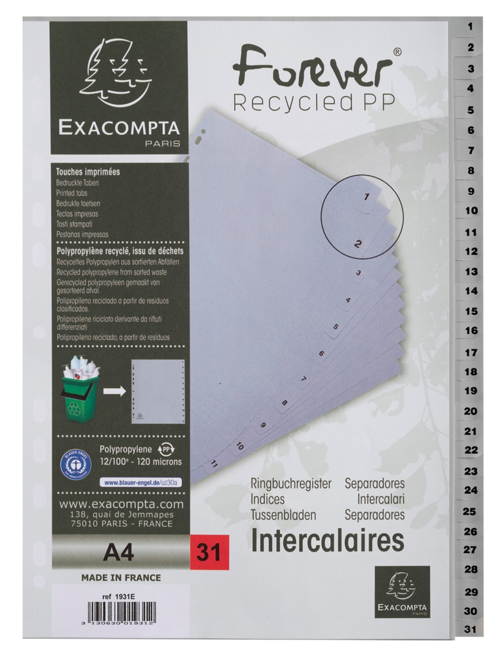 Exacompta 1 To 31 Numerical Dividers A4 Grey 31 Part Pp (Polypropylene) 11 Holes 1931E