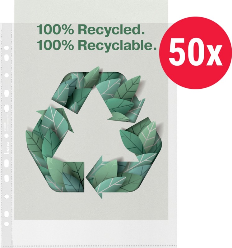 Bene Premium Prospekthüllen 100% Recycelt DIN A4 Genarbt Transparent 100 Mikron Polypropylen 11 Löcher 627505 50 Stück