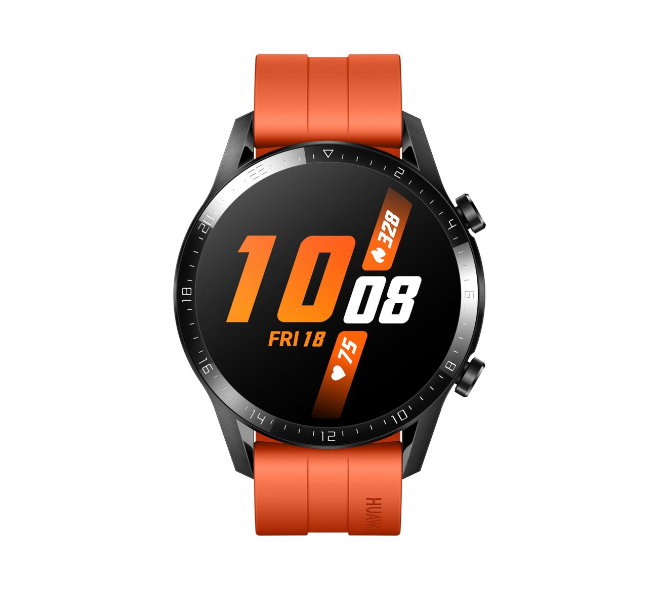 HUAWEI GT 2 Smartwatch Schwarzer Edelstahl Gehäusefarbe 45.9 x 45.9 x 10.7 mm Gehäusegröße Orange Armbandfarbe
