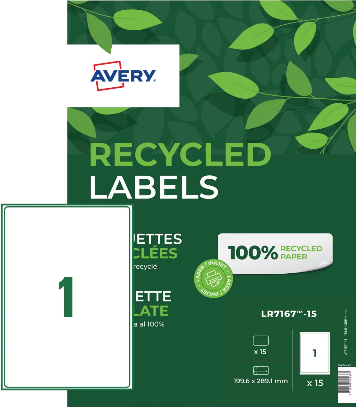 Avery Address Labels Lr7167-15 289.1 X 199.6 Mm White 15 Sheets Of 1 Label