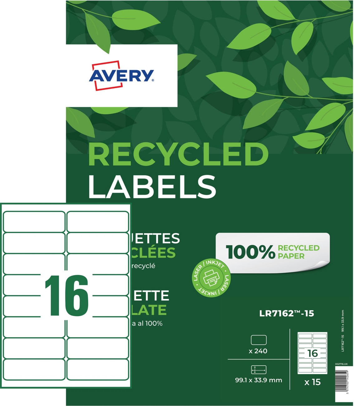 Avery Address Labels Lr7162-15 33.9 X 99.1 Mm White 240 Sheets Of 16 Labels