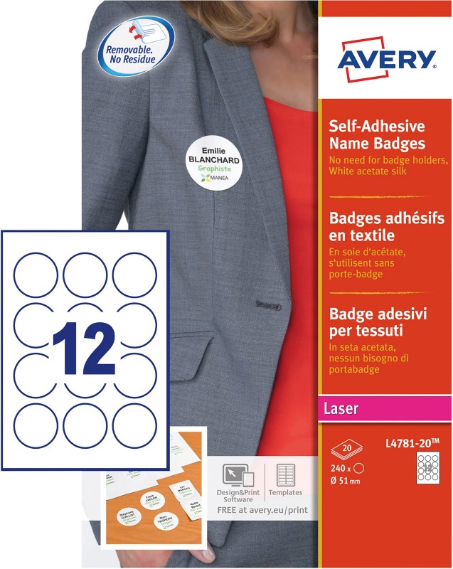 Avery Self Adhesive Name Badge 51mm dia. Round 20 sheets of 12 Badges