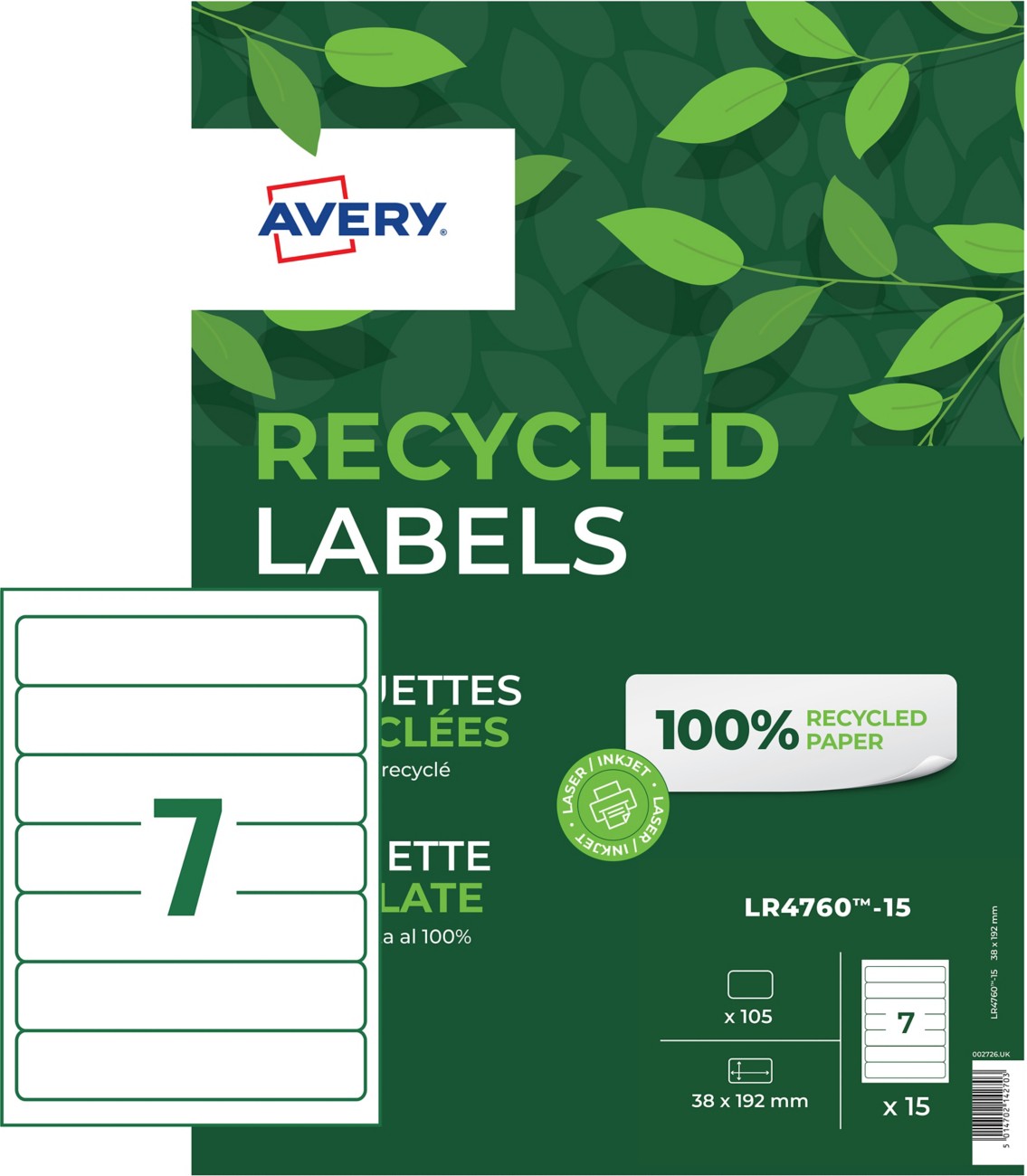 Avery Recycled Filing Labels Lr4760-15, 38 X 192 Mm 15 Sheets Of 7 Labels