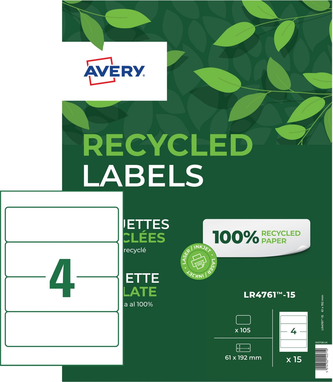 Avery Recycled Filing Labels Lr4761-15, 61 X 192 Mm 15 Sheets Of 4 Labels