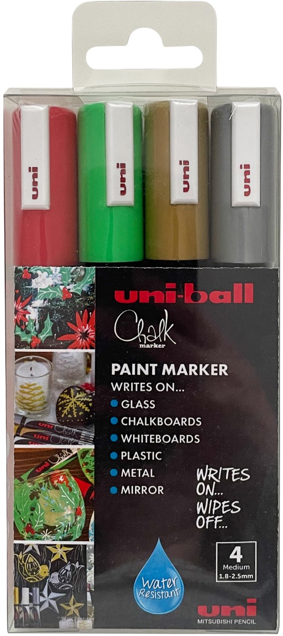 Uni-Ball Pwe-5M Christmas Chalk Marker Assorted Medium Bullet 2.5 Mm Pack Of 4